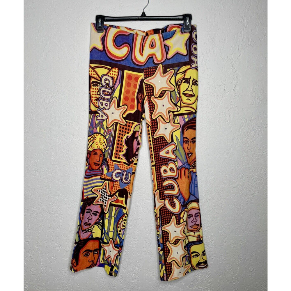Nally & Millie CUBA Pants Women's Sz L Postcard Print Rhinestone VTG 90s Y2K